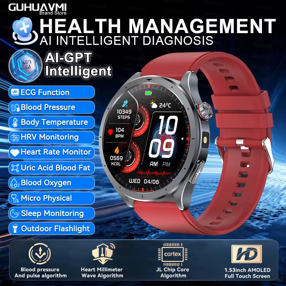 2026 New Body Fat Analysis Health Smart Watch ECG+PPG Uric Acid Blood Pressure Blood Oxygen Clock Call Smart Watch for Men Women
