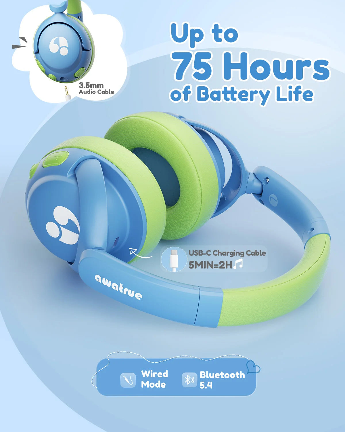 Awatrue Kids Bluetooth 5.4 Headphone 85Dba Safe Volume Lightweight Wireless Over-Ear Headsets for Ipad/Yoto Player/Tablet/School