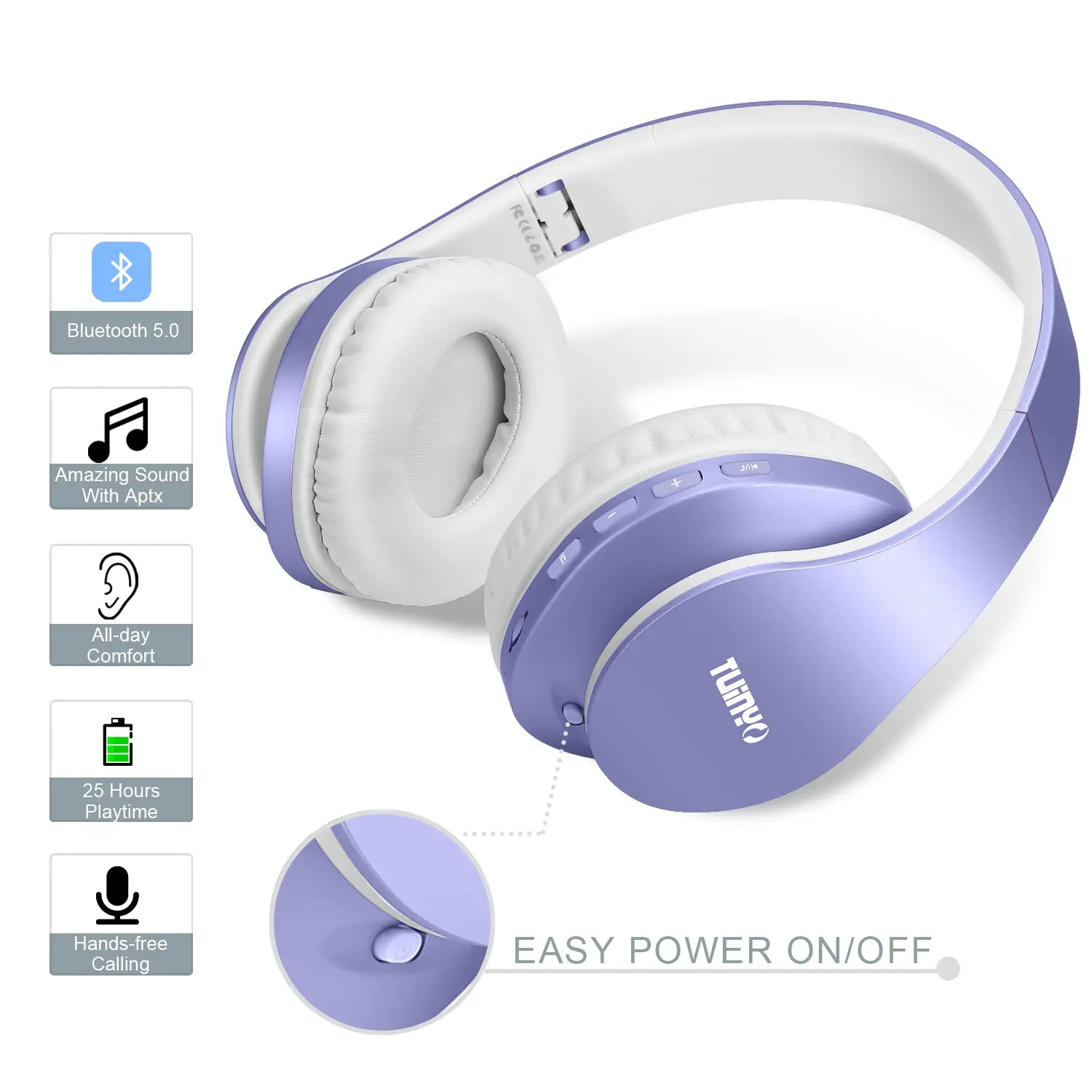 TUINYO Wireless Over-Ear Bluetooth Kopfhörer mit Mikrofon – Faltbar | Lila